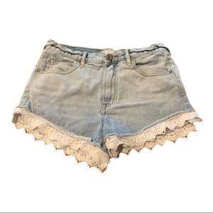 FREE PEOPLE Lace Trim Denim Shorts HiRise Shorts